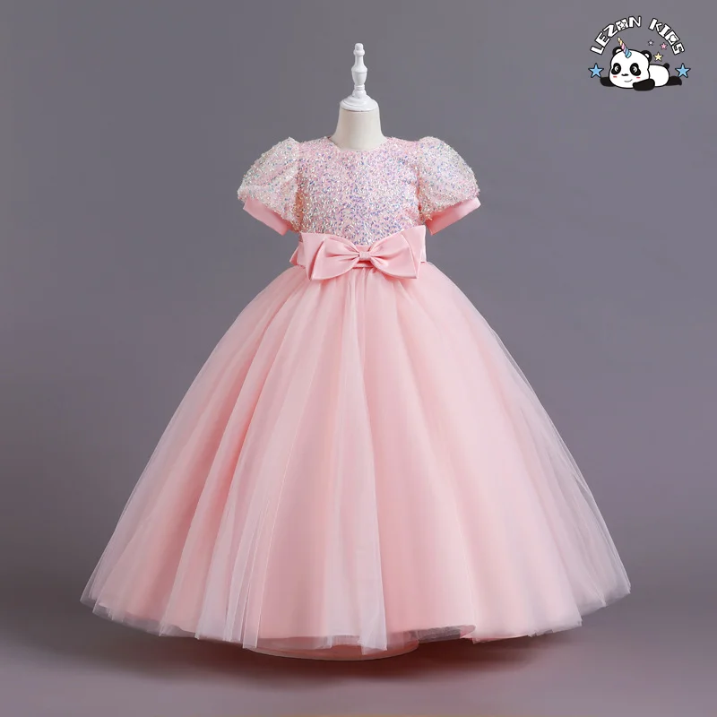 LEZONKIDS - Girls' bubble sleeve dress long mesh poncho short sleeved sequins sweet princess dress